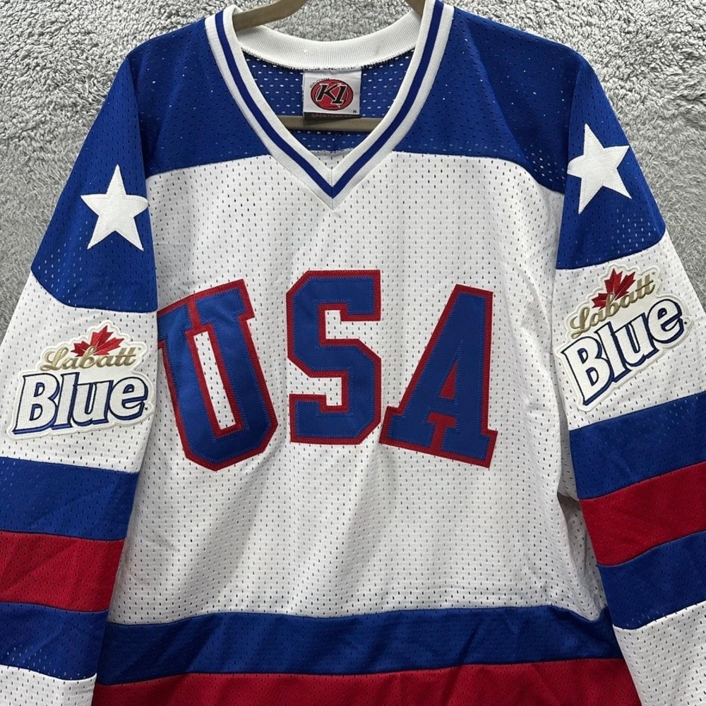 VTG K1 Sportswear Men's Medium USA Miracle 80 Hockey Jersey Labatt Blue Beer - Picture 5 of 12